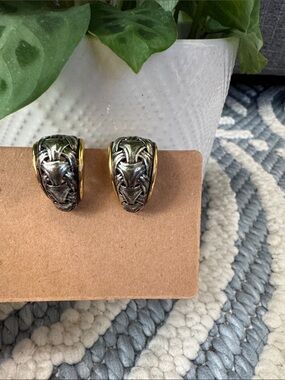 Vintage Two Tone Clip On Earrings Gold Gunmetal Statement Textured 80s